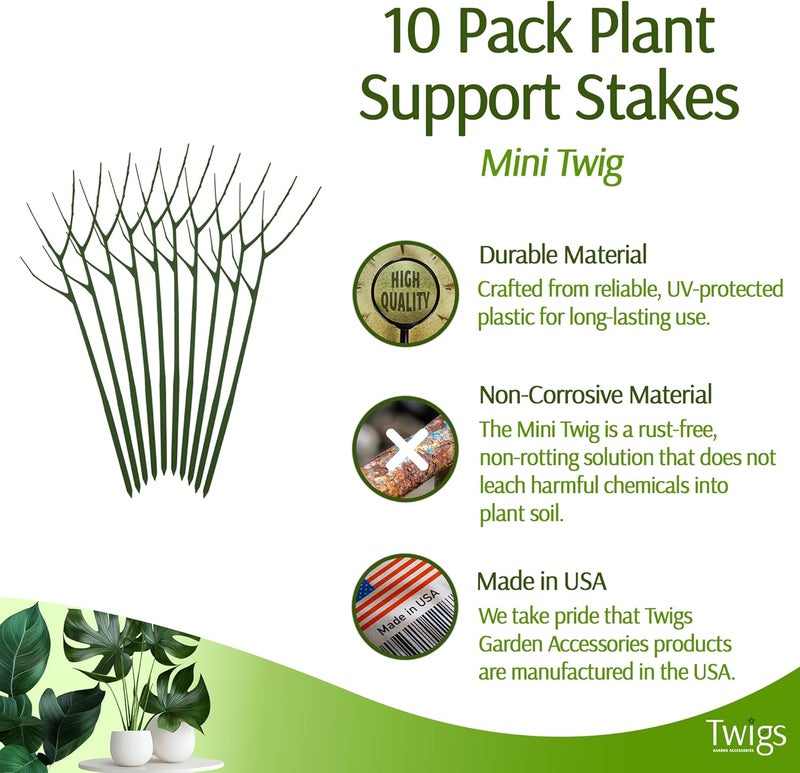 Twigs Ga دعامات نباتية صغيرة لدعم النباتات الصغيرة، للاستخدام الداخلي والخارجي، مستلزمات الحدائق، ملحقات الحدائق، بديل للشبكات والحلقات - مونستيرا (أخضر داكن)، عبوة 10، 12 بوصة طول - Image 2
